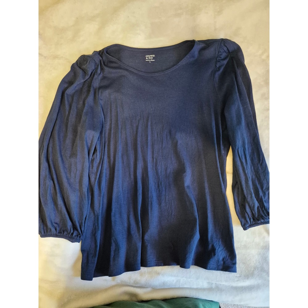 Crown & Ivy Womens Navy Blue Puff Sleeve Scoop Neck Knit Top Size L NWT